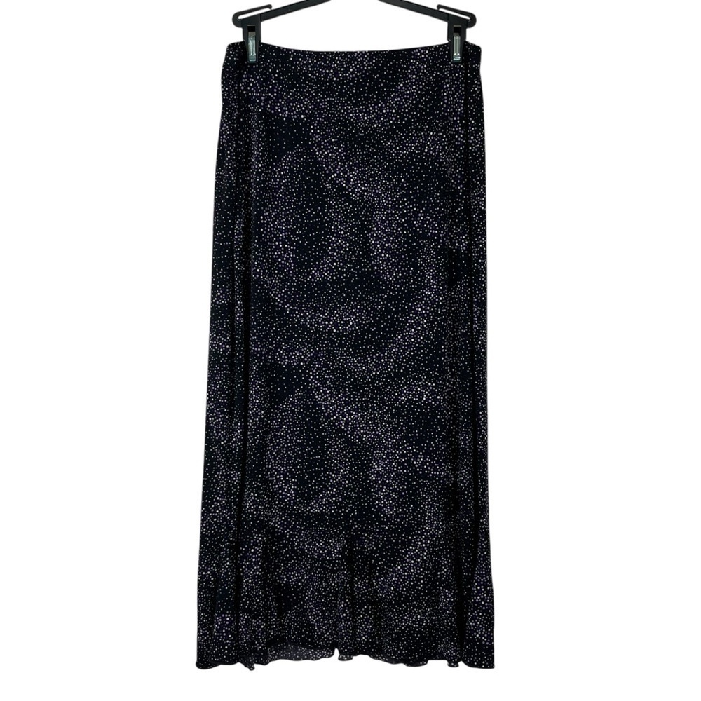 Per Seption Concept Black Stretch Midi Skirt with Purple & White Polka Dots Med.